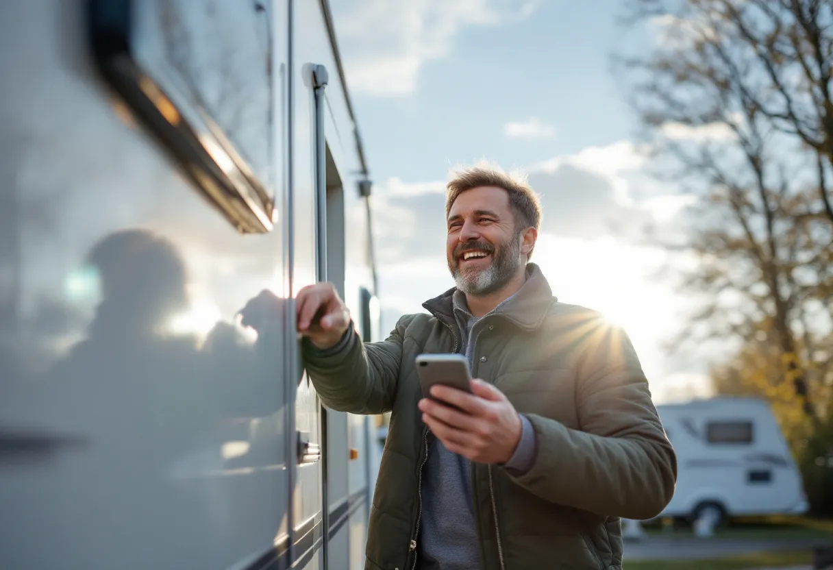 Een glimlachende man overhandigt de contactsleutel van zijn oudere camper aan een opkoper, terwijl de mobilhome op een oprit staat en de zon schijnt in een Vlaams dorp.