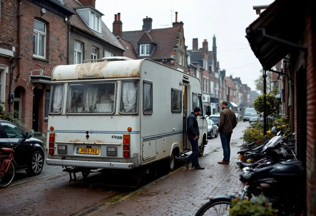 Een oudere mobilhome met zichtbare gebruikssporen staat geparkeerd op een rustige oprit in een typisch Vlaamse straat in Kortrijk, terwijl een opkoper met een klembord de buitenkant inspecteert.