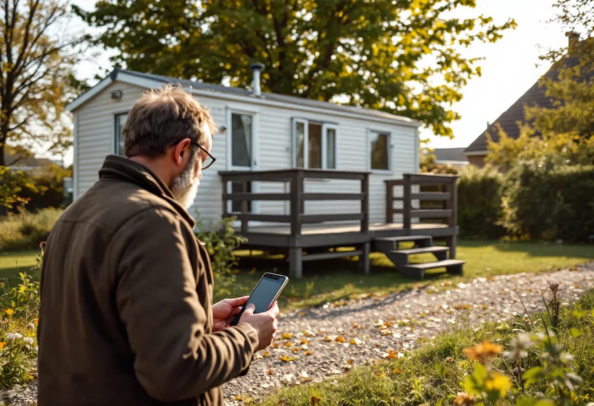 Een fotorealistische scène van een opkoper die een gebruikte mobilhome bekijkt op een zonnige oprit in Tielt, met de eigenaar die glimlachend een bankoverschrijving op zijn telefoon ziet.