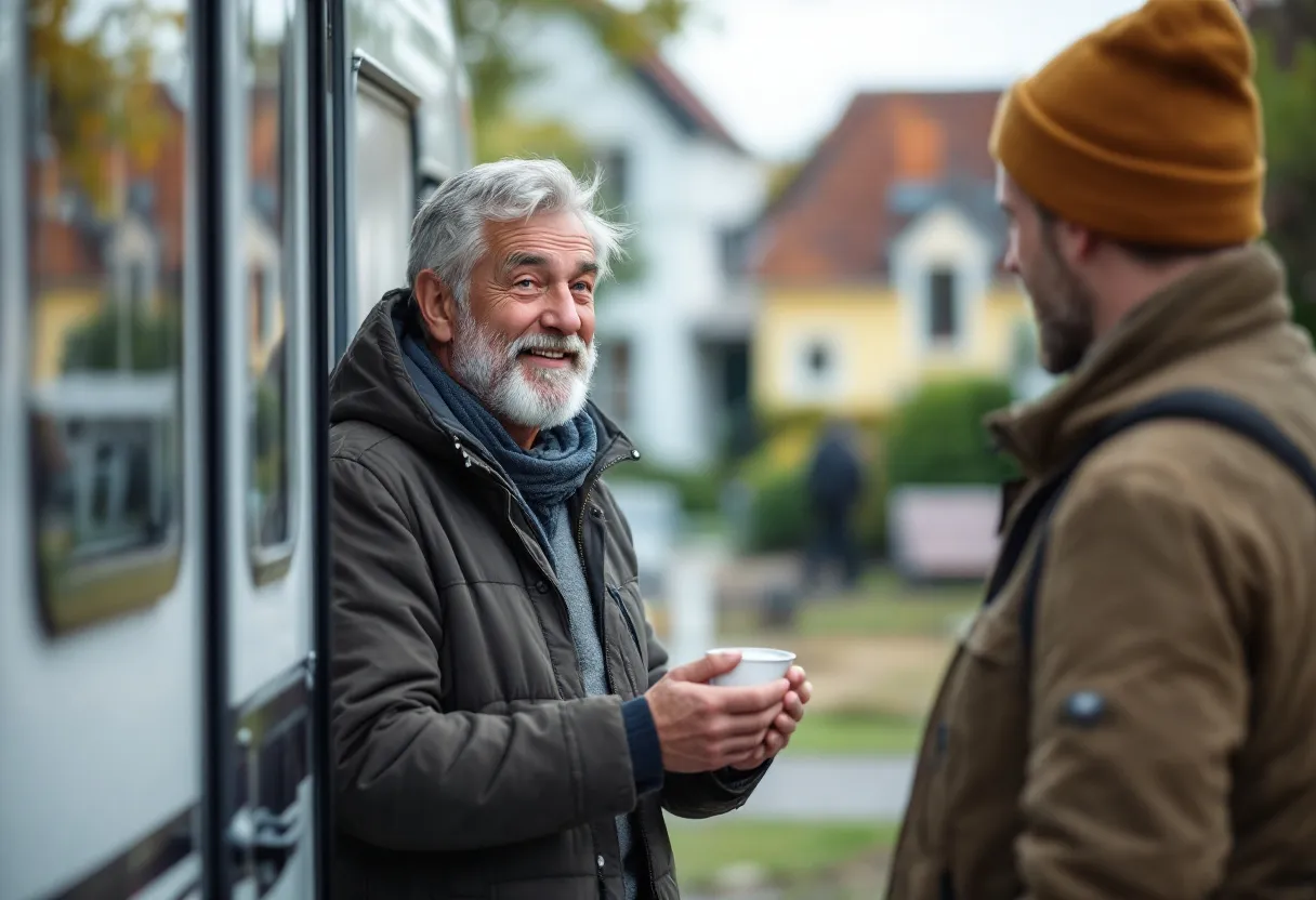 Een glimlachende eigenaar overhandigt de sleutels van zijn mobilhome aan een professionele opkoper op een oprit in Maasmechelen, met het kenmerkende stadhuis op de achtergrond.