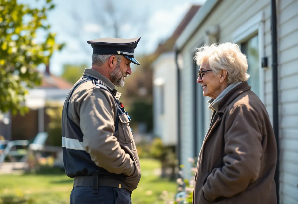 Een opkoper in een herkenbaar uniform inspecteert een oudere, licht beschadigde mobilhome op een zonovergoten oprit in een Gentse villawijk, terwijl de eigenaar met een gerustgestelde glimlach toekijkt.