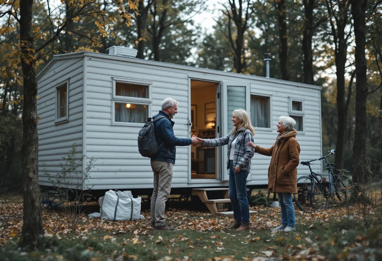 Een oudere mobilhome met lichte krassen staat op een oprit omringd door bomen, terwijl twee personen een deal sluiten en een handdruk geven.