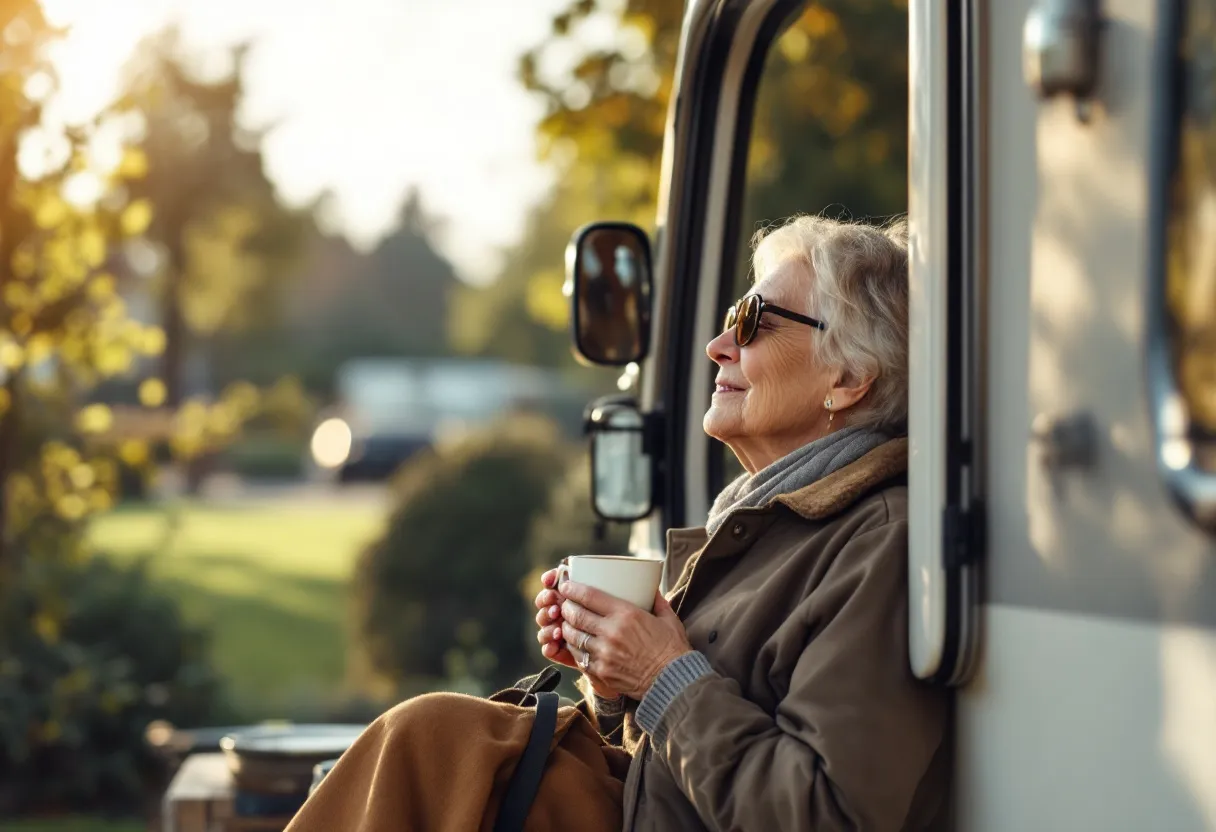 Een fotorealistische foto van een takelwagen die een oudere, wat verweerde mobilhome voorzichtig van een met kasseien geplaveide oprit in een Vlaamse woonwijk tilt, terwijl de eigenaar glimlachend toekijkt met een kop koffie in de hand, op een zonnige ochtend.
