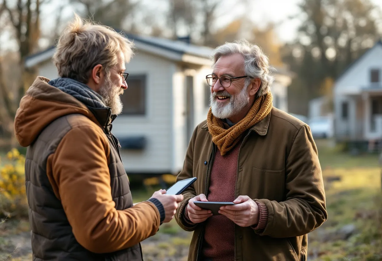 Een verweerde mobilhome staat op een oprit in Genk, terwijl een opkoper een tablet met een bod toont aan de eigenaars, die tevreden glimlachen.